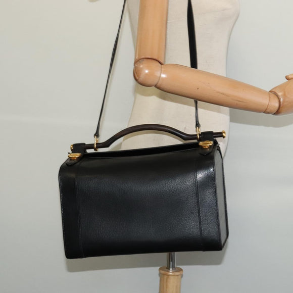 HERMES Cosmos Hand Bag Leather 2way Black Gold Auth bs27866