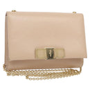 Salvatore Ferragamo Chain Vala Shoulder Bag Leather Beige Gold Auth bs27881-1