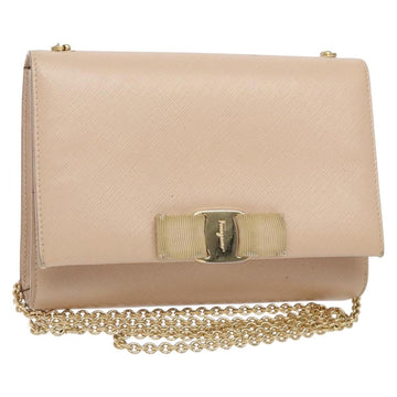 Salvatore Ferragamo Chain Vala Shoulder Bag Leather Beige Gold Auth bs27881