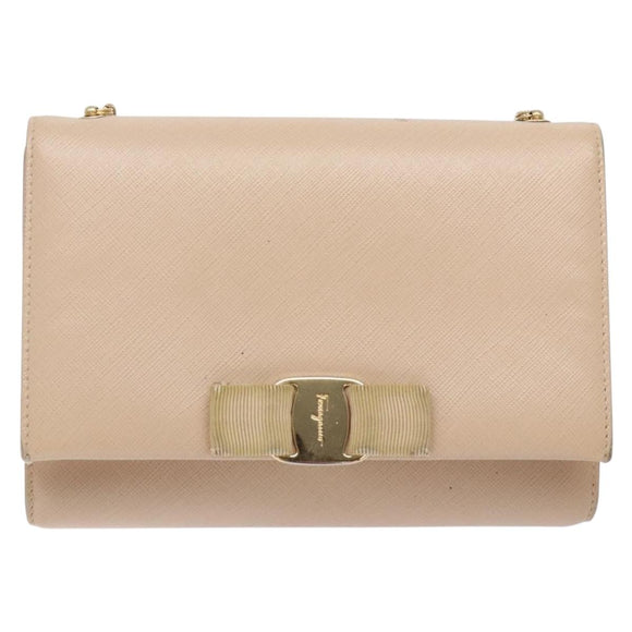 Salvatore Ferragamo Chain Vala Shoulder Bag Leather Beige Gold Auth bs27881