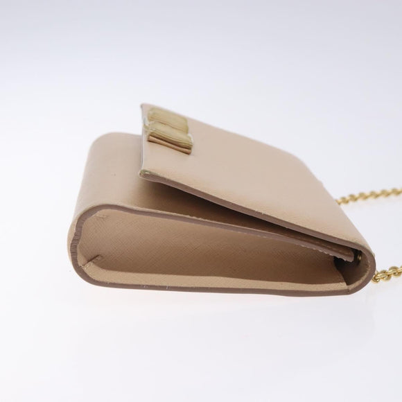 Salvatore Ferragamo Chain Vala Shoulder Bag Leather Beige Gold Auth bs27881