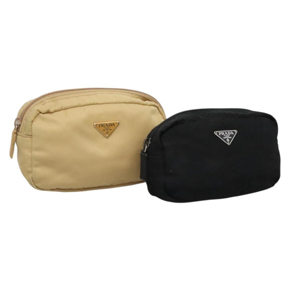 PRADA Pouch Nylon 2Set Beige Black Auth bs27888