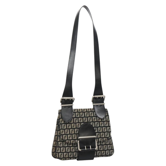 FENDI Zucchino Canvas Shoulder Bag Black Silver Auth bs27912