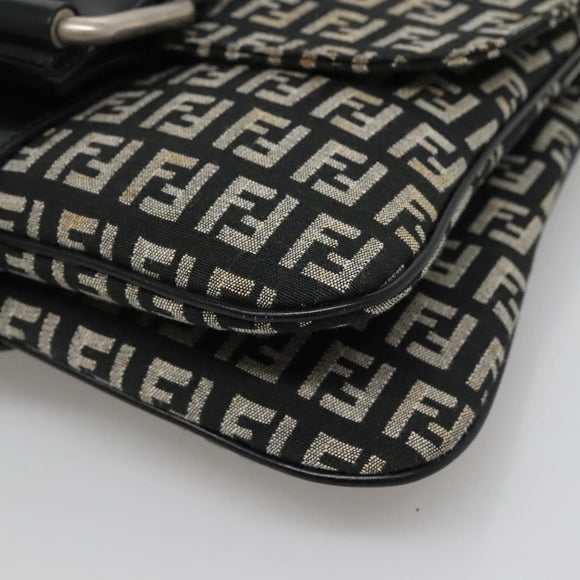 FENDI Zucchino Canvas Shoulder Bag Black Silver Auth bs27912