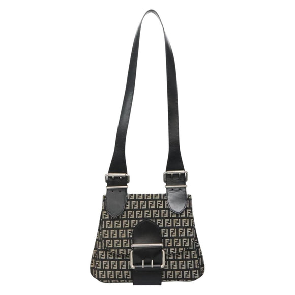 FENDI Zucchino Canvas Shoulder Bag Black Silver Auth bs27912