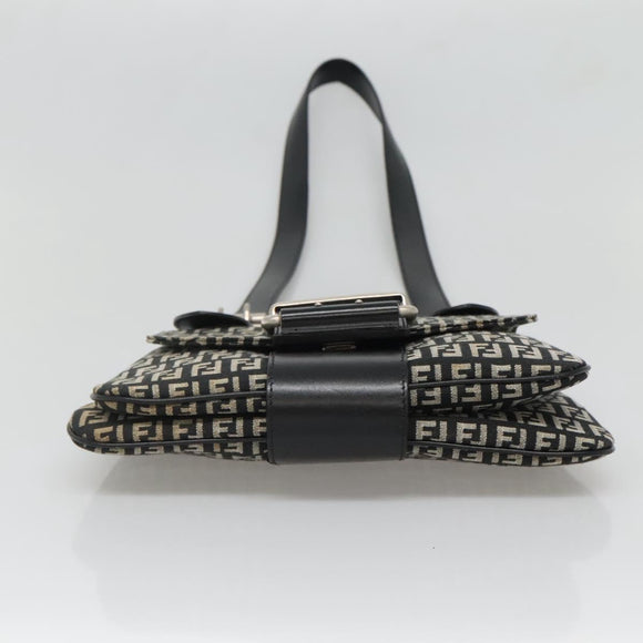 FENDI Zucchino Canvas Shoulder Bag Black Silver Auth bs27912