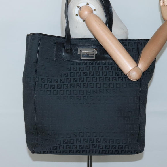FENDI Zucchino Canvas Tote Bag Black Silver Auth bs27913