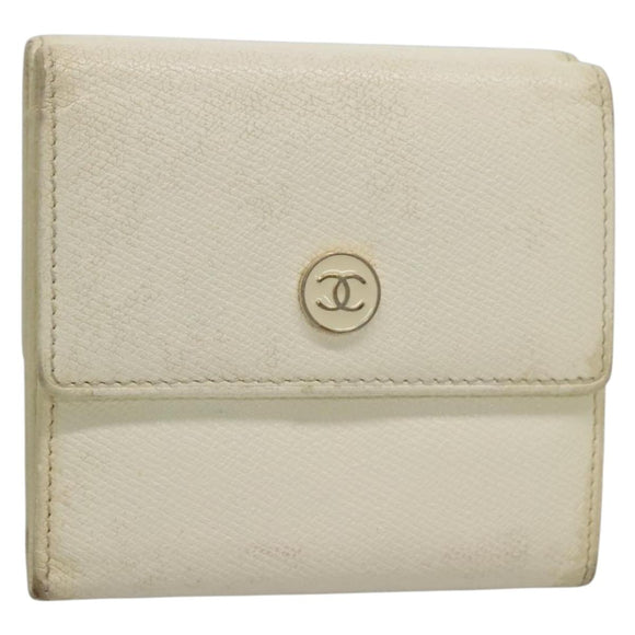 CHANEL Bifold Wallet Leather White Gold CC Auth bs27934