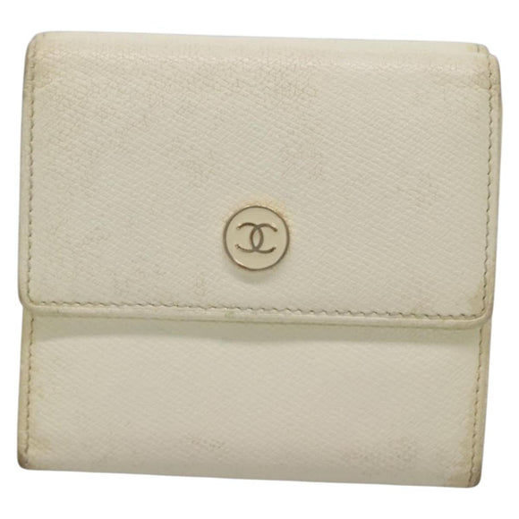 CHANEL Bifold Wallet Leather White Gold CC Auth bs27934
