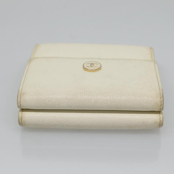 CHANEL Bifold Wallet Leather White Gold CC Auth bs27934
