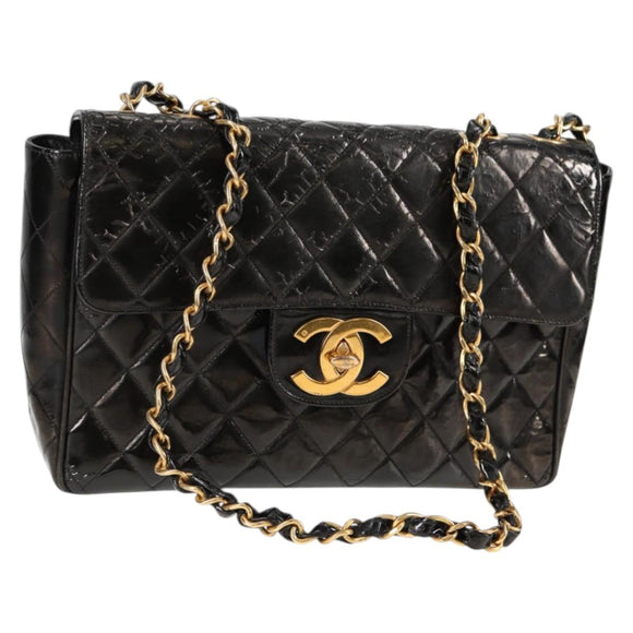 CHANEL Matelasse 30 Chain Shoulder Bag Enamel Black Gold CC Auth bs27942