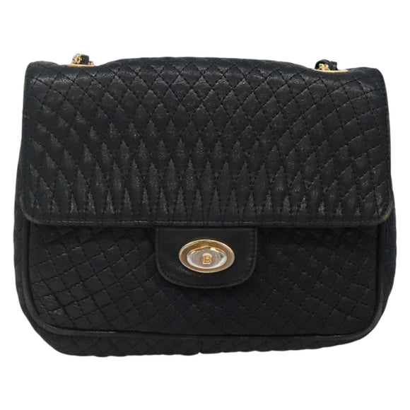 BALLY Chain Shoulder Bag Leather Black Gold Auth bs27966