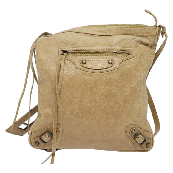 BALENCIAGA Classic Flat Shoulder Bag Leather Beige Auth bs27986