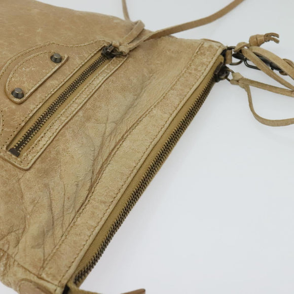 BALENCIAGA Classic Flat Shoulder Bag Leather Beige Auth bs27986