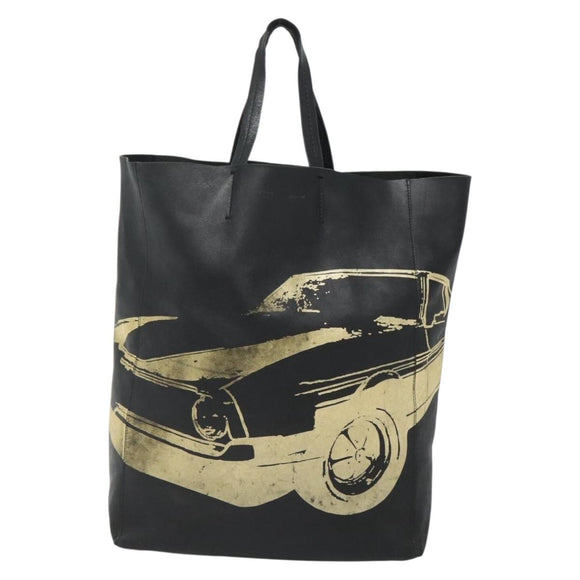 CELINE Mustang Print Vertical Cabas Tote Bag Leather Black Gold Auth bs27989