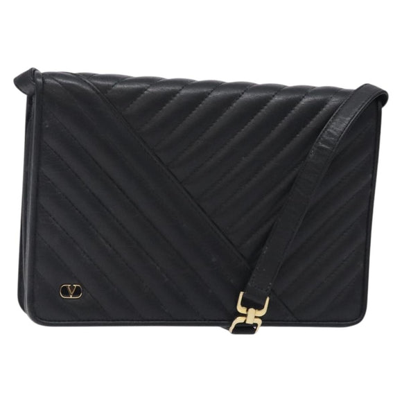 VALENTINO Shoulder Bag Leather Black Gold Auth bs27994