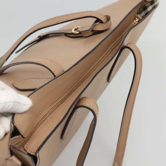 BURBERRY Tote Bag Leather Beige Gold Auth bs28011
