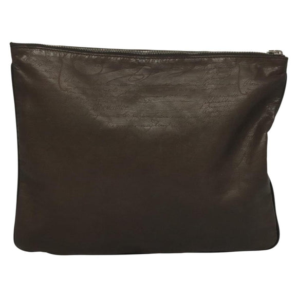Berluti Calligraphy Clutch Bag Leather Brown Silver Auth bs28029