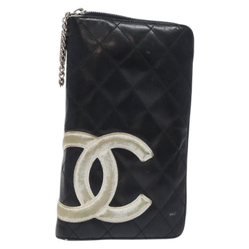 CHANEL Cambon Line Long Wallet Leather Black Silver CC Auth bs28049