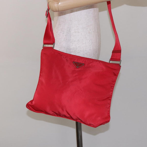 PRADA Shoulder Bag Nylon Red Silver Auth bs28053