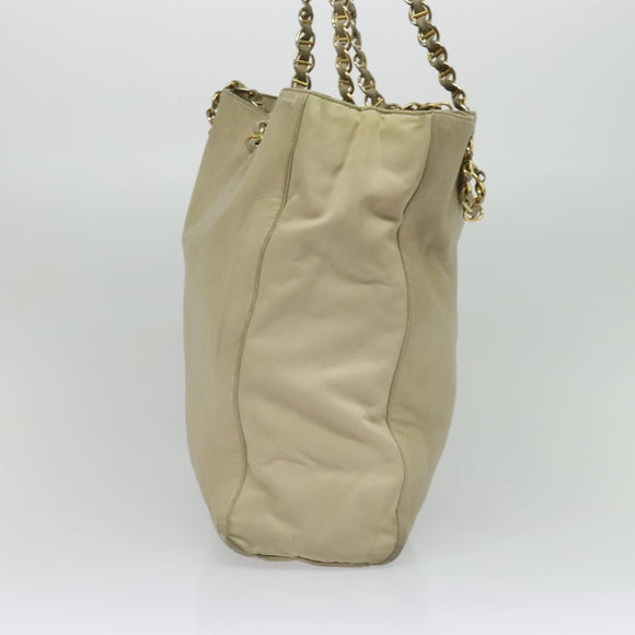 PRADA Chain Tote Bag Leather Beige Gold Auth bs28084