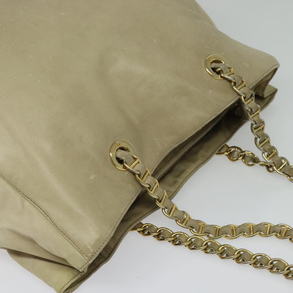PRADA Chain Tote Bag Leather Beige Gold Auth bs28084