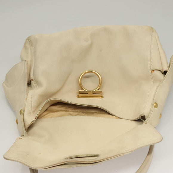 Salvatore Ferragamo Gancini Shoulder Bag Leather White Gold Auth bs28132