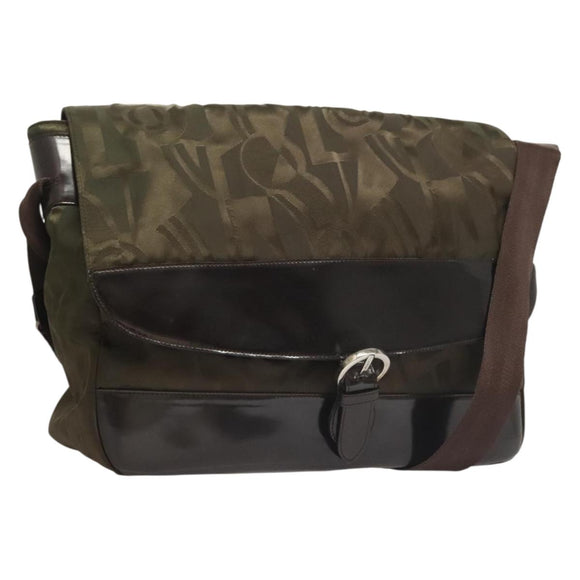 Salvatore Ferragamo Shoulder Bag Nylon Enamel Khaki Silver Auth bs28133