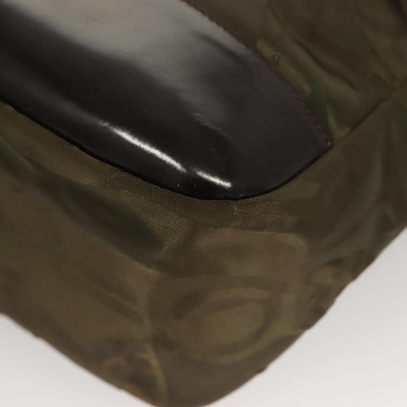 Salvatore Ferragamo Shoulder Bag Nylon Enamel Khaki Silver Auth bs28133