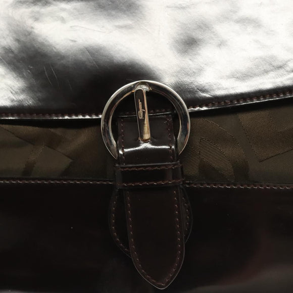 Salvatore Ferragamo Shoulder Bag Nylon Enamel Khaki Silver Auth bs28133