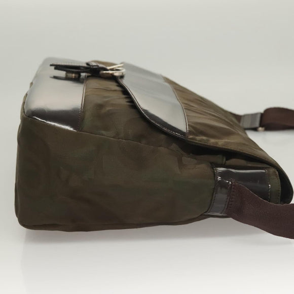 Salvatore Ferragamo Shoulder Bag Nylon Enamel Khaki Silver Auth bs28133