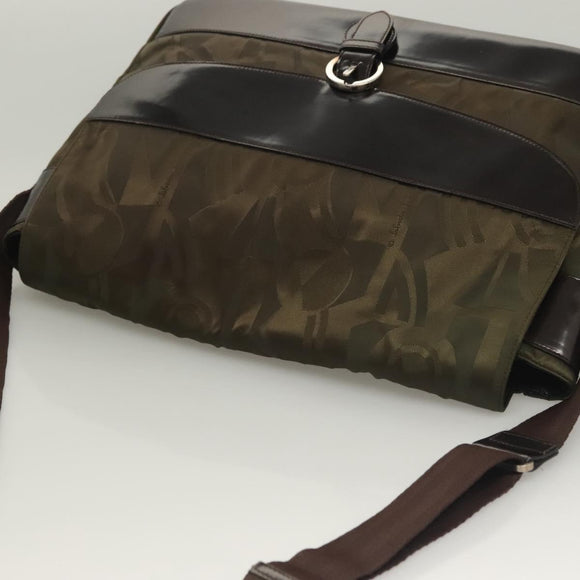 Salvatore Ferragamo Shoulder Bag Nylon Enamel Khaki Silver Auth bs28133