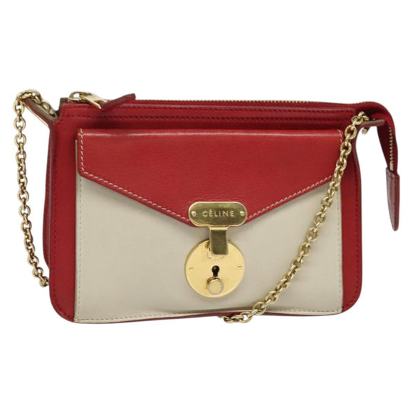 CELINE Chain Shoulder Bag Leather Red Gold Auth bs28138