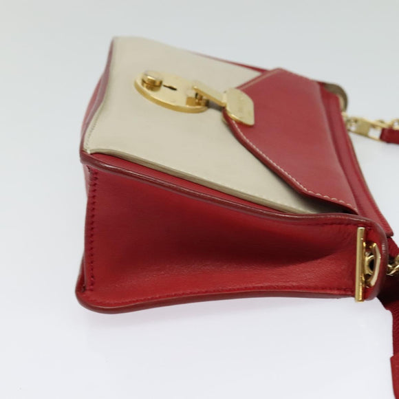 CELINE Chain Shoulder Bag Leather Red Gold Auth bs28138