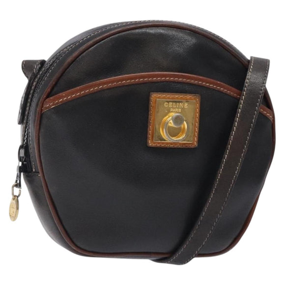 CELINE Schoudertas Leer Zwart Goud Auth bs28139