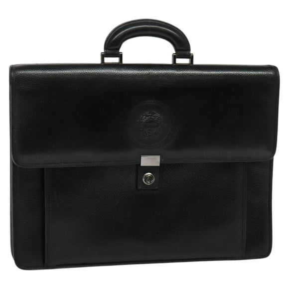 Gianni Versace Business Bag Leather Black Silver Auth bs28153