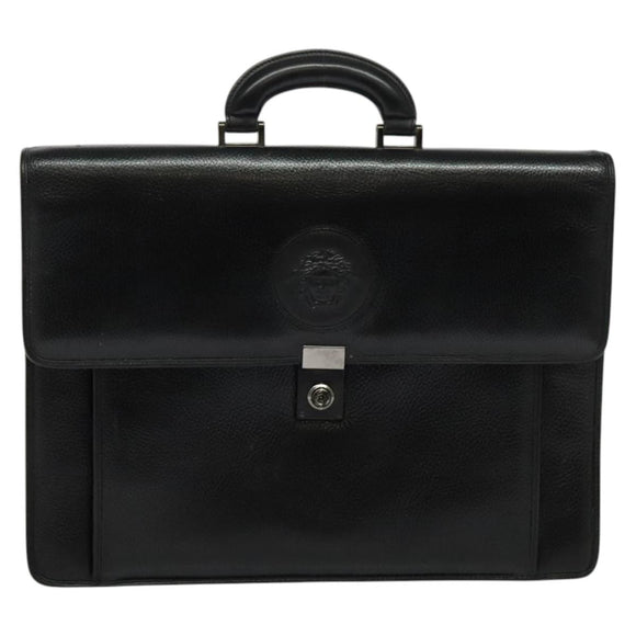 Gianni Versace Business Bag Leather Black Silver Auth bs28153