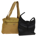 PRADA Hand Bag Leather Nylon 2Set Black Beige Silver Auth bs28219-1