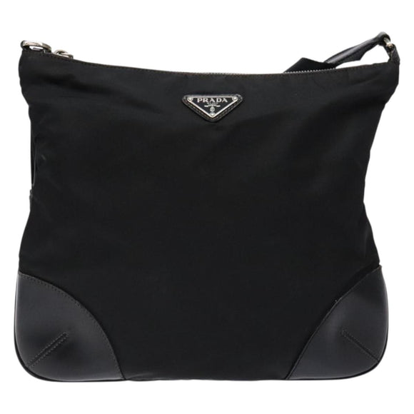 PRADA Shoulder Bag Nylon Leather Black Silver Auth bs28220