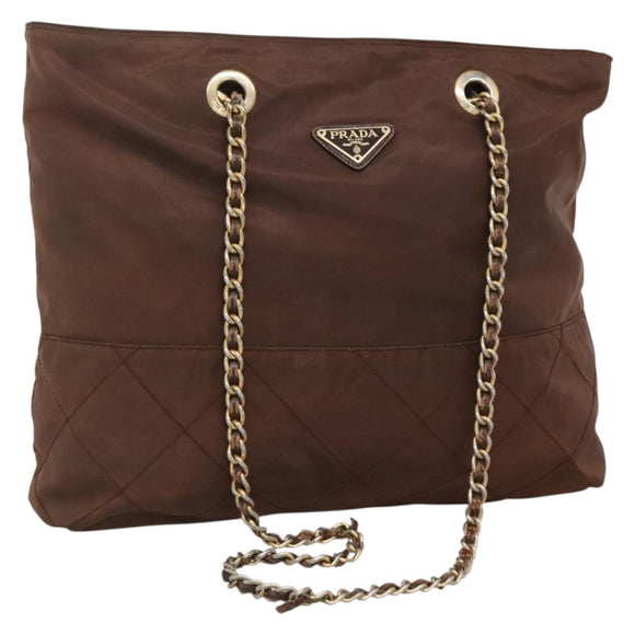 PRADA Chain Shoulder Bag Nylon Brown Gold Auth bs28223
