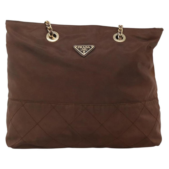 PRADA Chain Shoulder Bag Nylon Brown Gold Auth bs28223