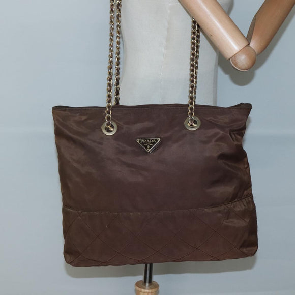 PRADA Chain Shoulder Bag Nylon Brown Gold Auth bs28223