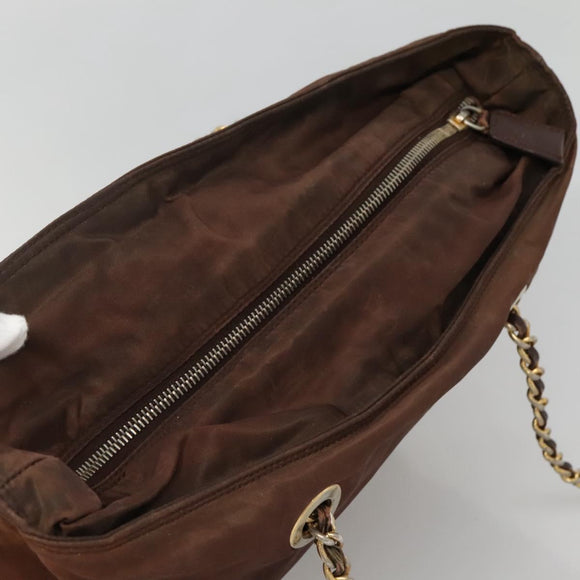 PRADA Chain Shoulder Bag Nylon Brown Gold Auth bs28223