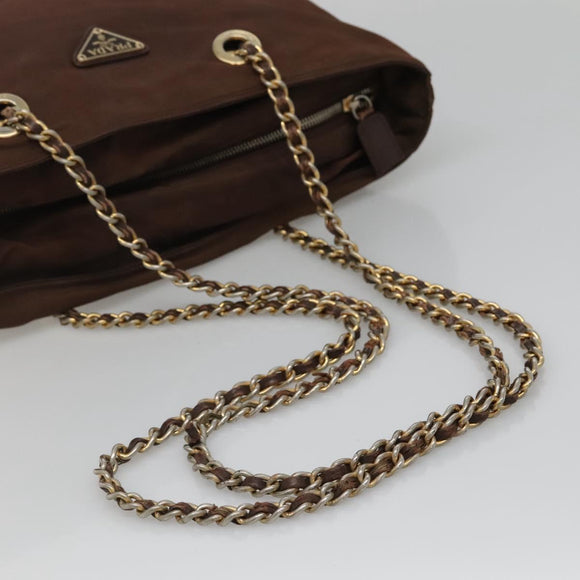 PRADA Chain Shoulder Bag Nylon Brown Gold Auth bs28223