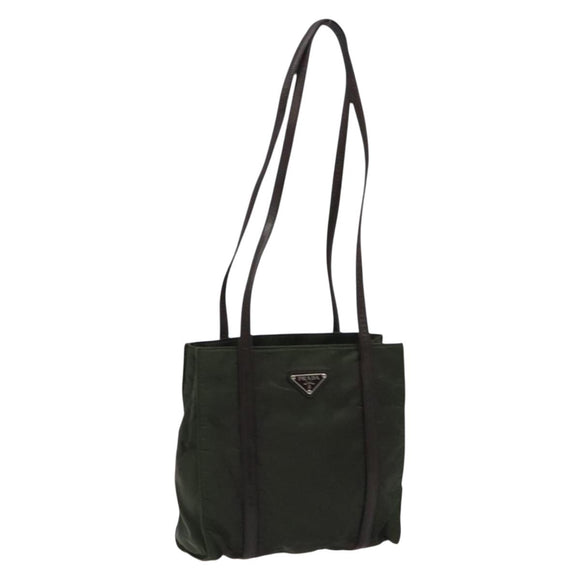 PRADA Shoulder Bag Nylon Leather Khaki Silver Auth bs28226