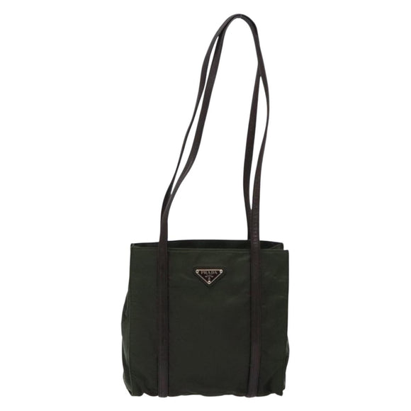 PRADA Shoulder Bag Nylon Leather Khaki Silver Auth bs28226