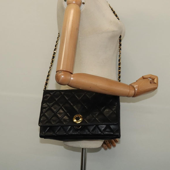 CHANEL Matelasse Chain Shoulder Bag Lamb Skin Black Gold CC Auth bs28257