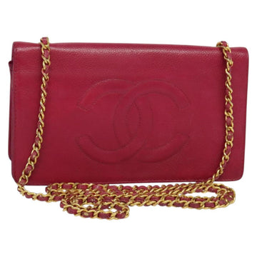 CHANEL Chain Wallet Caviar Skin Pink Gold CC Auth bs28262