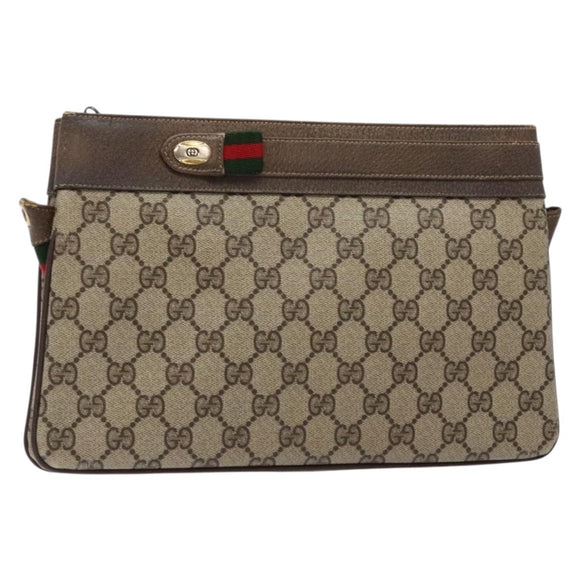 GUCCI GG Supreme Chain Clutch Bag PVC Beige Gold Auth bs28268