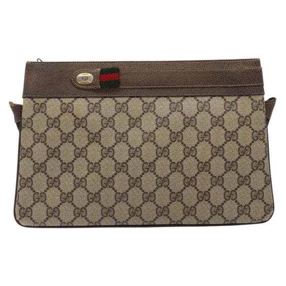 GUCCI GG Supreme Chain Clutch Bag PVC Beige Gold Auth bs28268